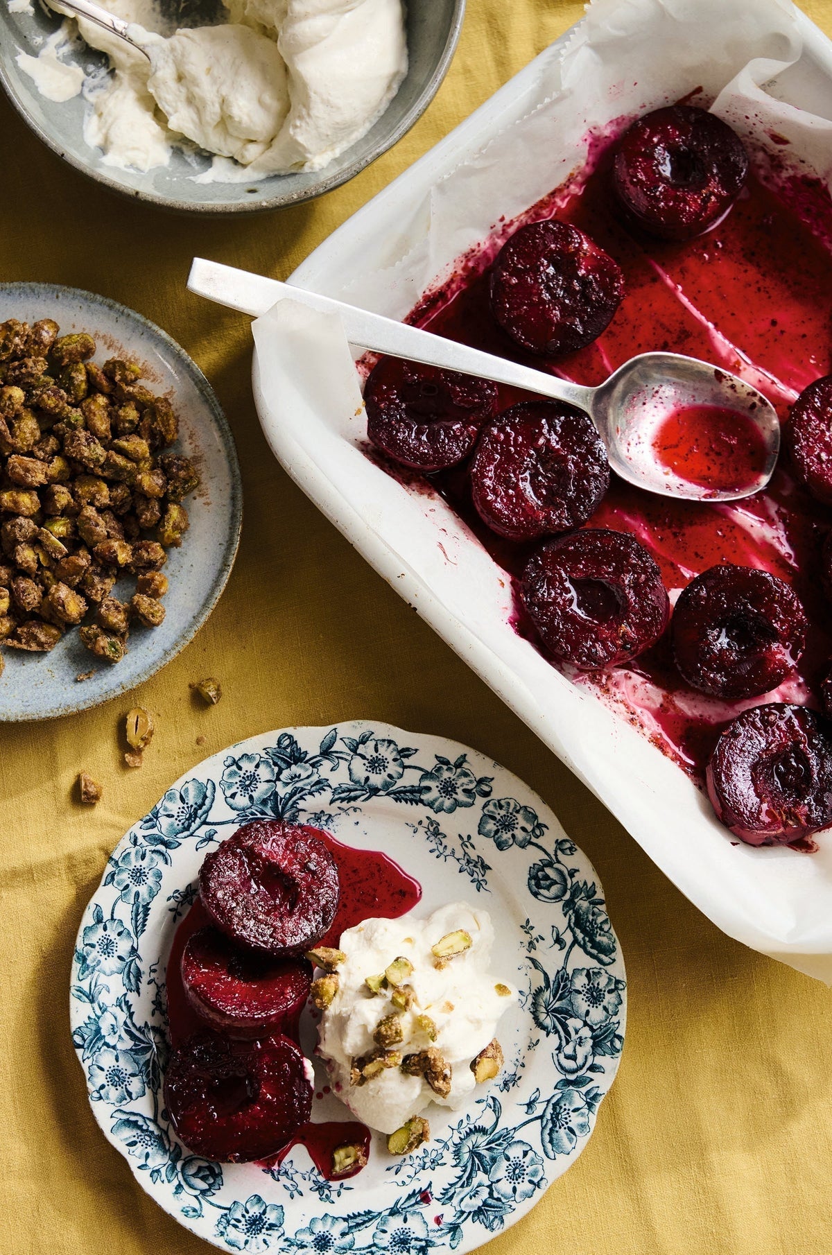Sami's Sumac Roasted Plums with Cardamom Cream & Pistachio