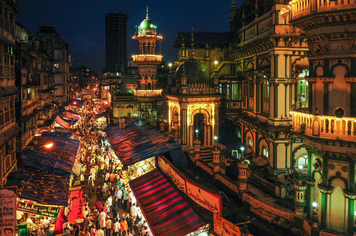 a bustling Mohammed Ali Road in mumbai, india 