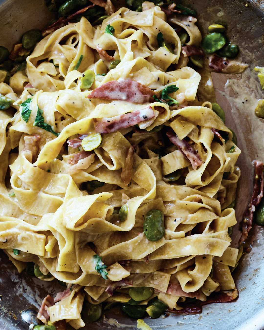 Joshua's Favas with Prosciutto, Cream, and Black Pepper