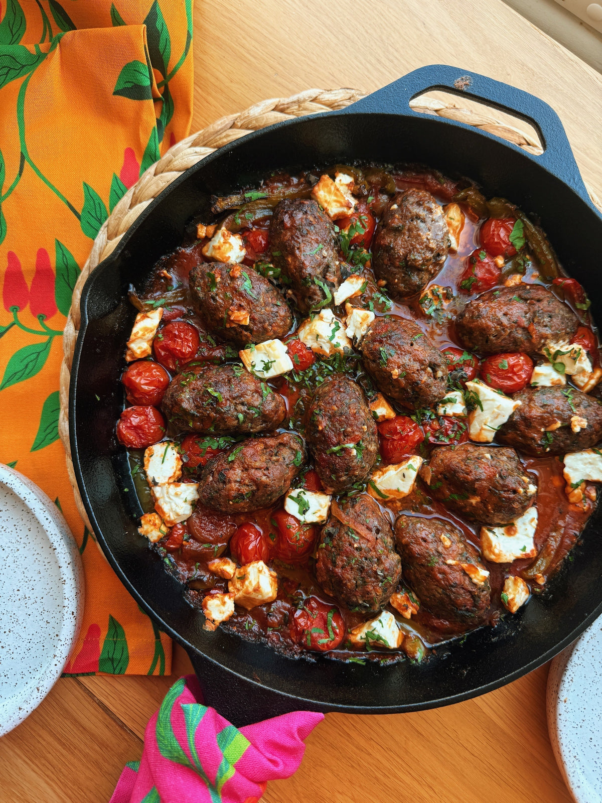 Noor's Baked Lamb Koftas with Peppers, Feta and Oregano