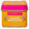 Diaspora Co. ‘Kashmiri Saffron’ tin with a pink lid and orange label featuring saffron flowers.